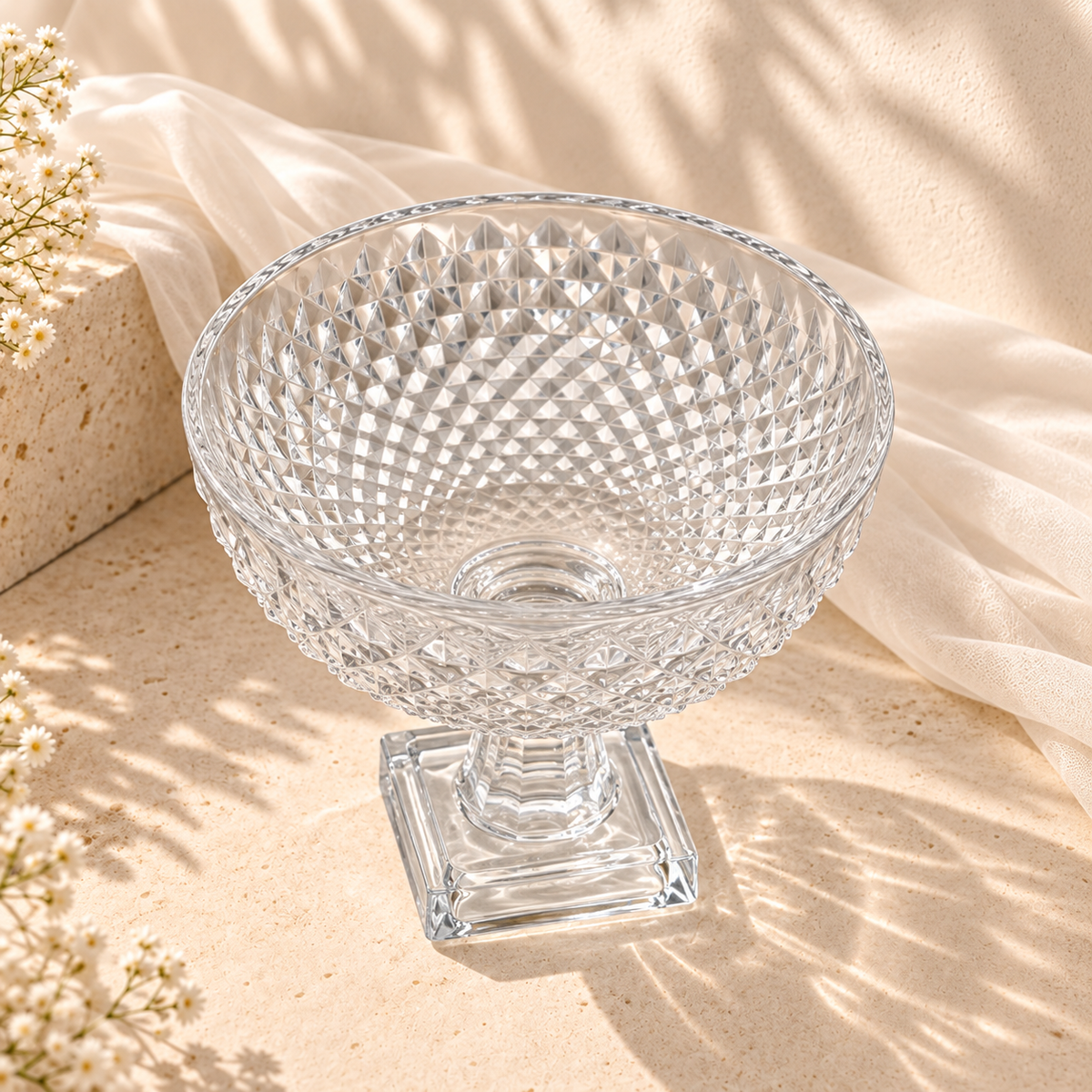 Large Crystal Bowl on Foot – Clear Diamond-Cut Pedestal Serving Bowl