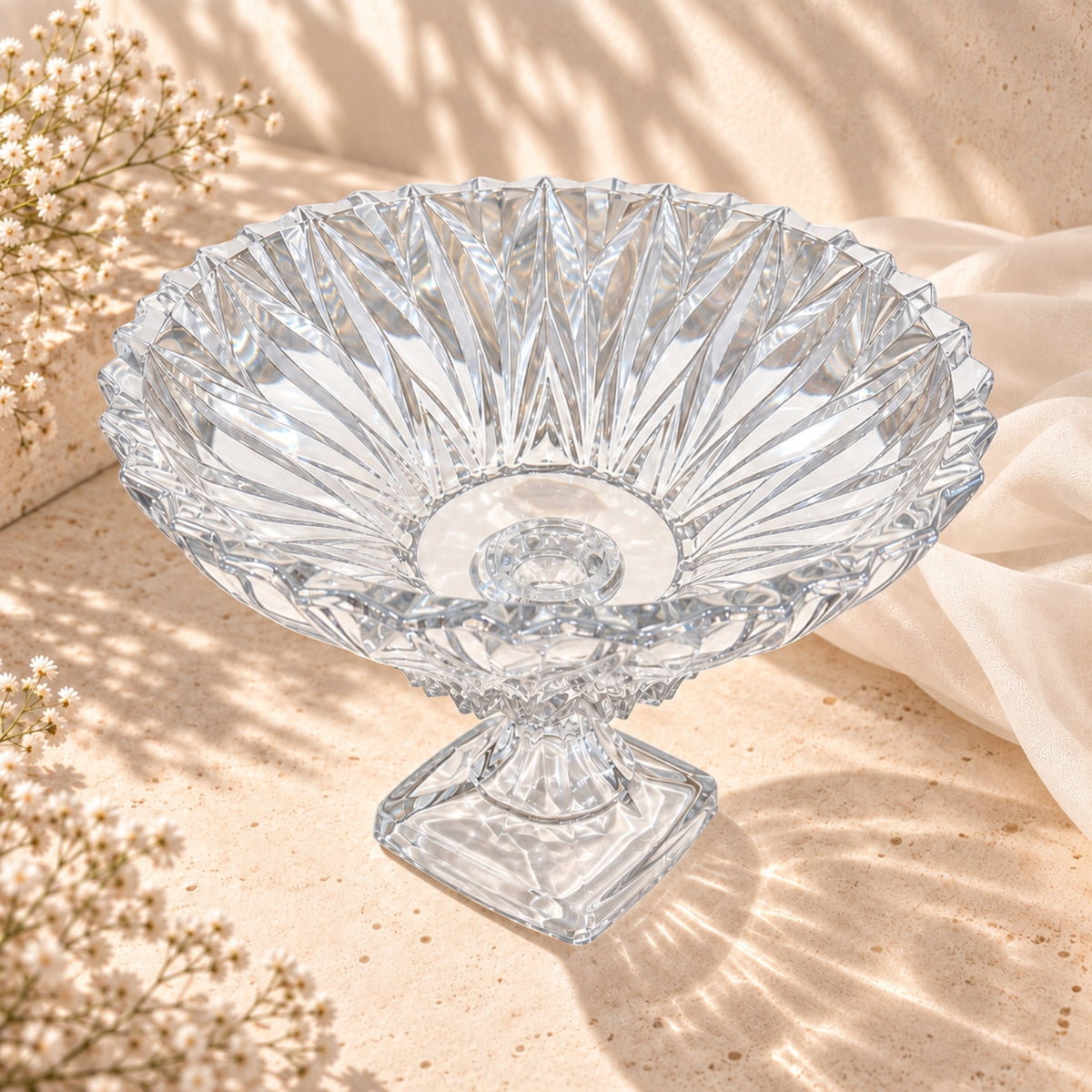 Clear Crystal Candy Bowl on Foot – Leaf-Cut Pedestal Serving Bowl