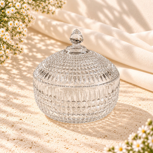 Clear Crystal Candy Bowl with Lid – Diamond-Cut Decorative Serving Bowl