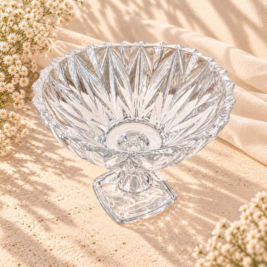 Luxury Clear Crystal Fruit Bowl on Foot – Geometric Cut Pedestal Design