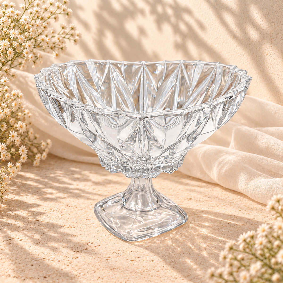 Luxury Clear Crystal Fruit Bowl on Foot – Geometric Cut Pedestal Design