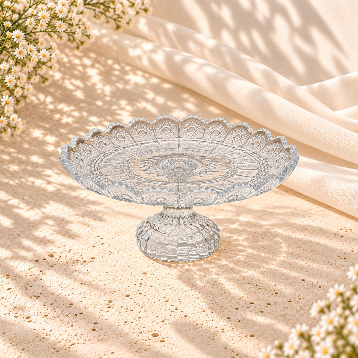 Clear Crystal Candy Bowl on Foot – Ornate Scalloped Pedestal Design