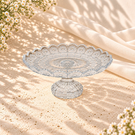 Clear Crystal Candy Bowl on Foot – Ornate Scalloped Pedestal Design