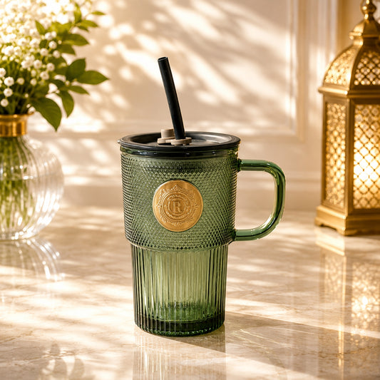 Dark Green Copper Stamp Glass Straw Cup with Lid & Handle – Single Piece
