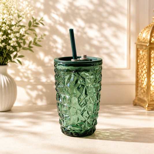 Dark green crystal diamond textured glass mixing cup with matching lid and straw