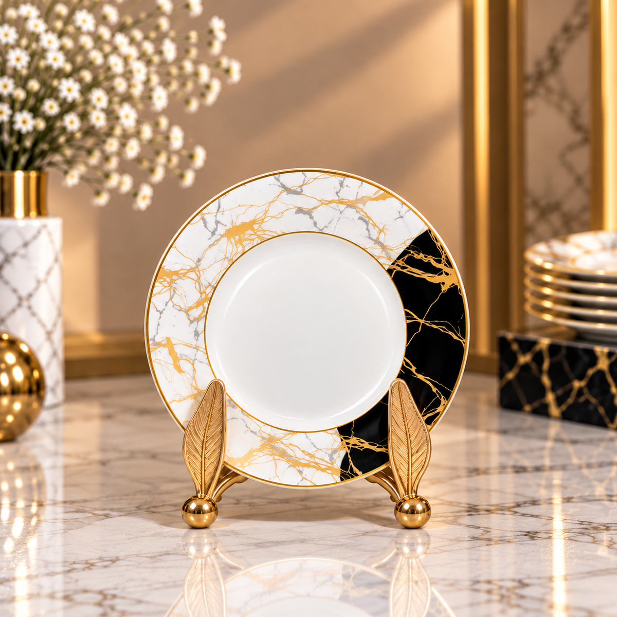 Luxury Marble Design Round Serving Plate – White, Black & Gold | 15, 20 & 26 Inch