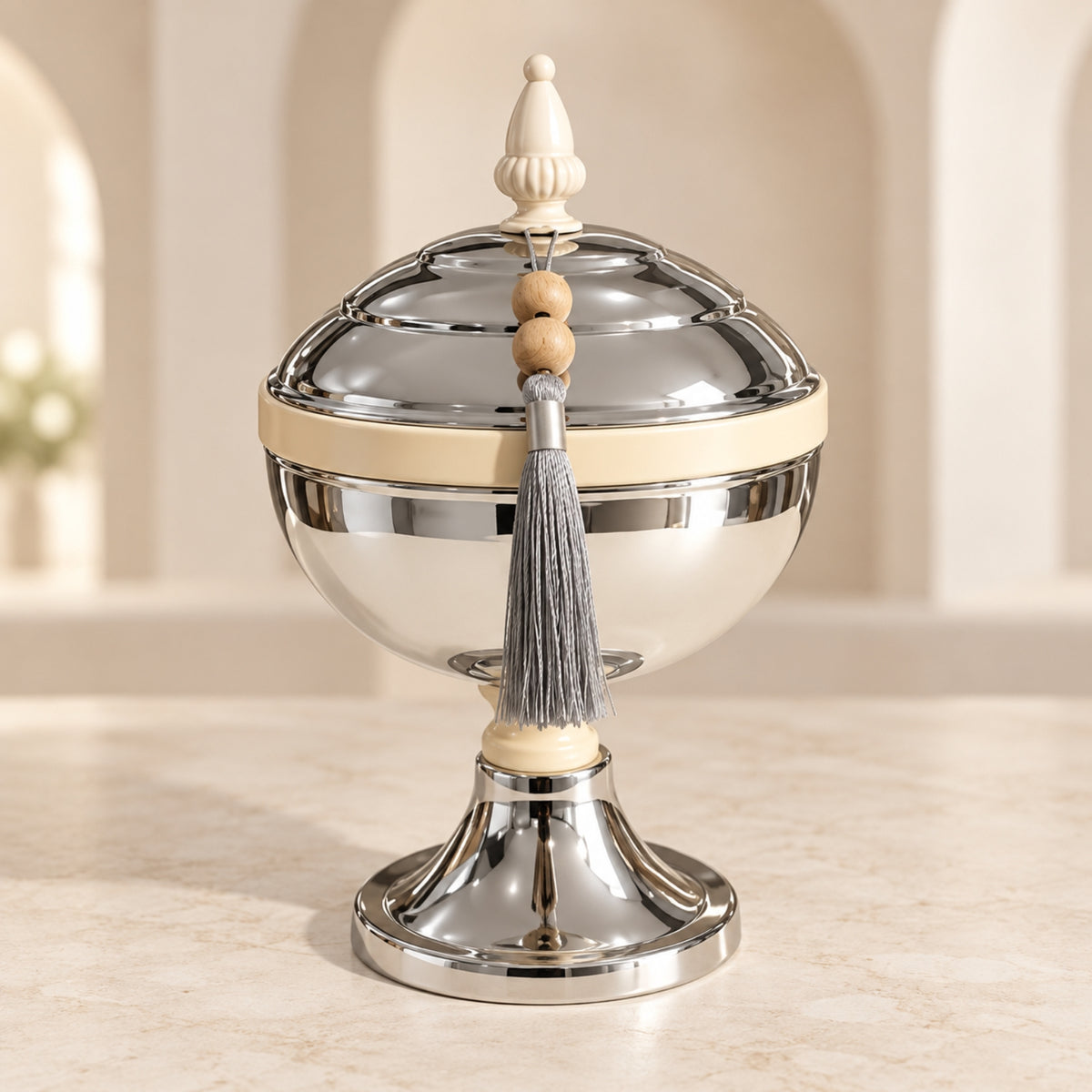 Luxury Silver Pedestal Dates Bowl with Lid & Tassel – Ivory Accent
