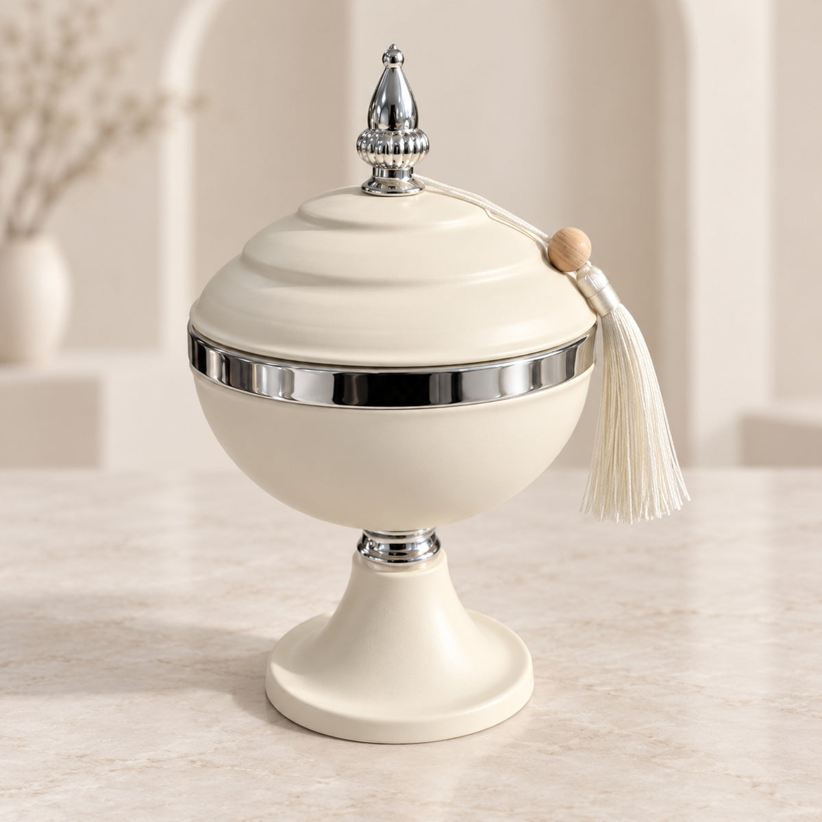 Luxury Ivory & Silver Pedestal Dates Bowl with Lid & Tassel