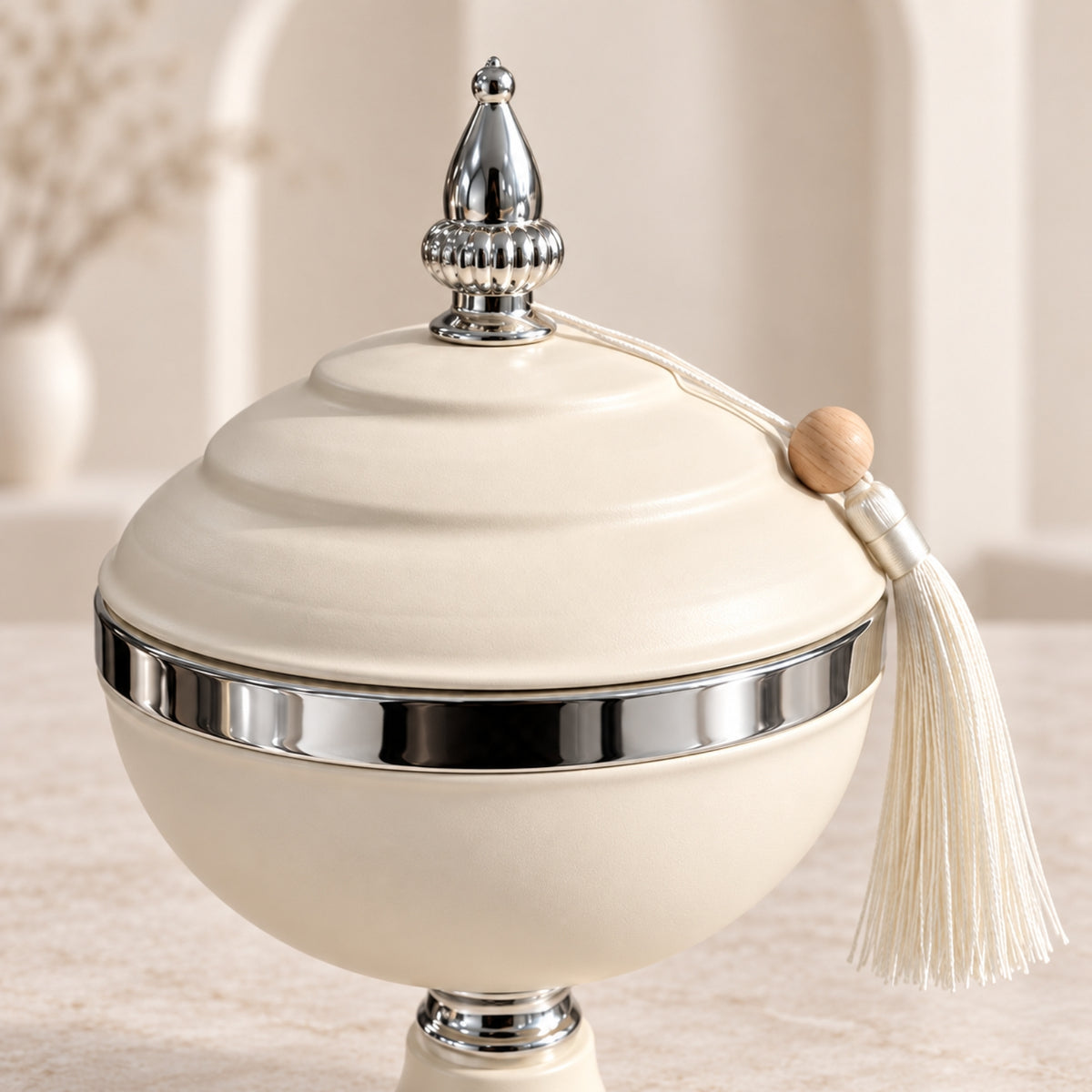 Luxury Ivory & Silver Pedestal Dates Bowl with Lid & Tassel