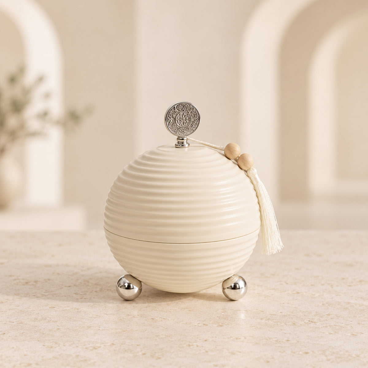 Luxury Ivory Ribbed Dates Bowl with Lid, Silver Accents & Tassel