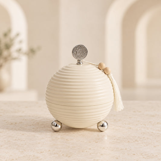 Luxury Ivory Ribbed Dates Bowl with Lid, Silver Accents & Tassel