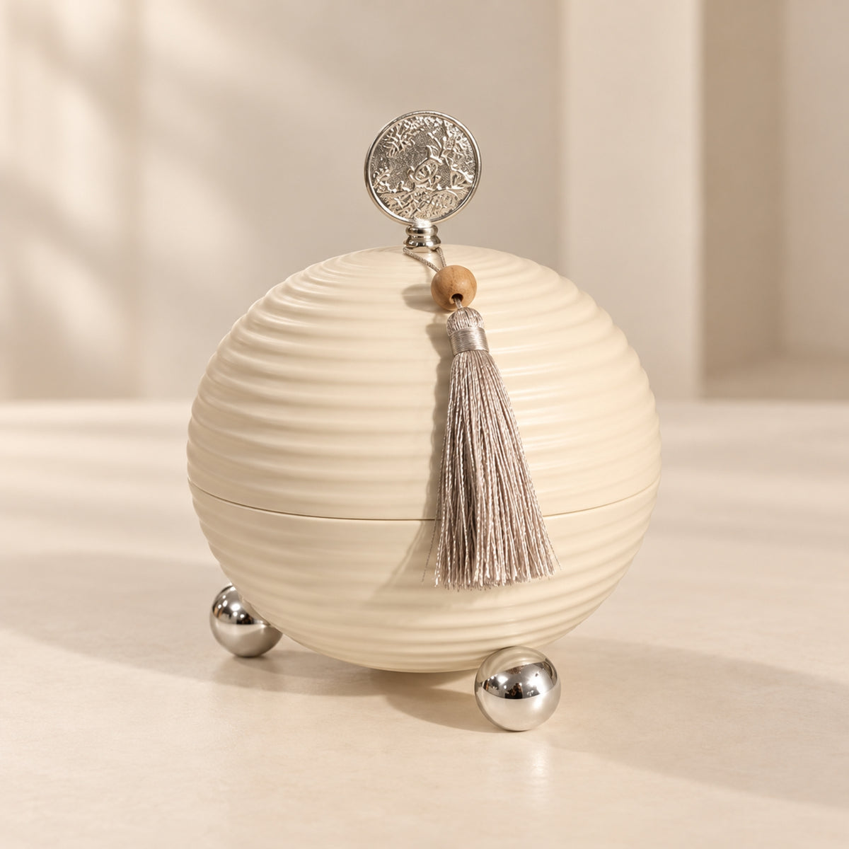 Luxury Large Ivory Ribbed Dates Bowl with Lid, Silver Accents & Tassel