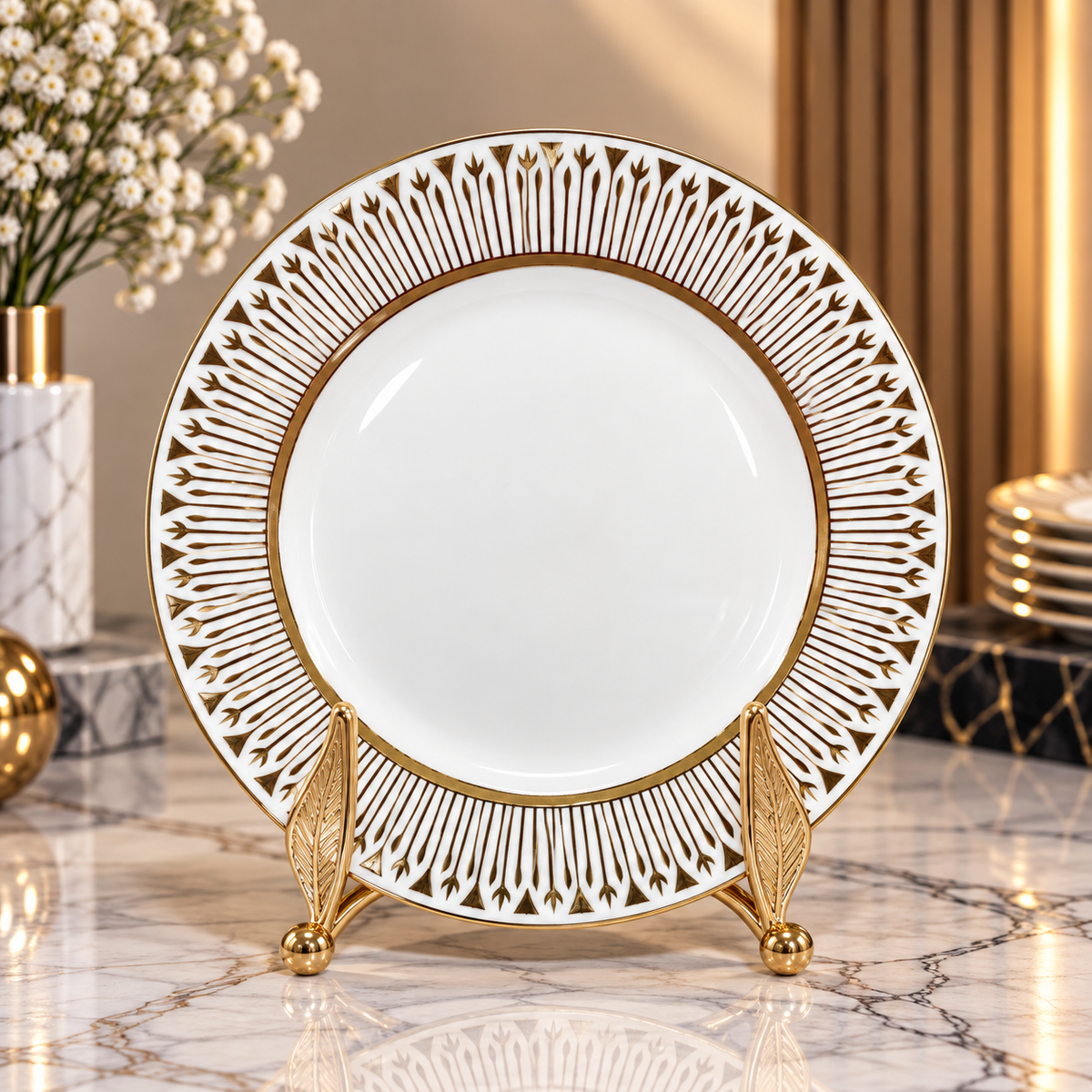 Luxury White & Gold Decorative Round Serving Plate – 15, 20 & 26 Inch
