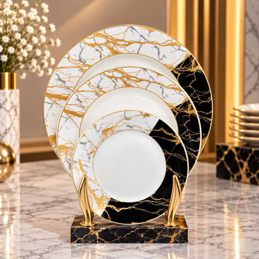 Luxury Marble Design Round Serving Plate – White, Black & Gold | 15, 20 & 26 Inch