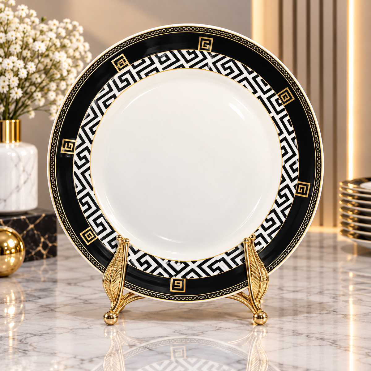 Luxury Black, White & Gold Decorative Round Serving Plates – 15, 20 & 26 Inch