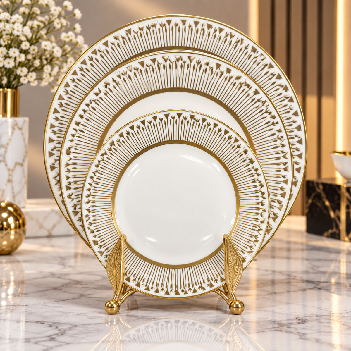 Luxury White & Gold Decorative Round Serving Plate – 15, 20 & 26 Inch