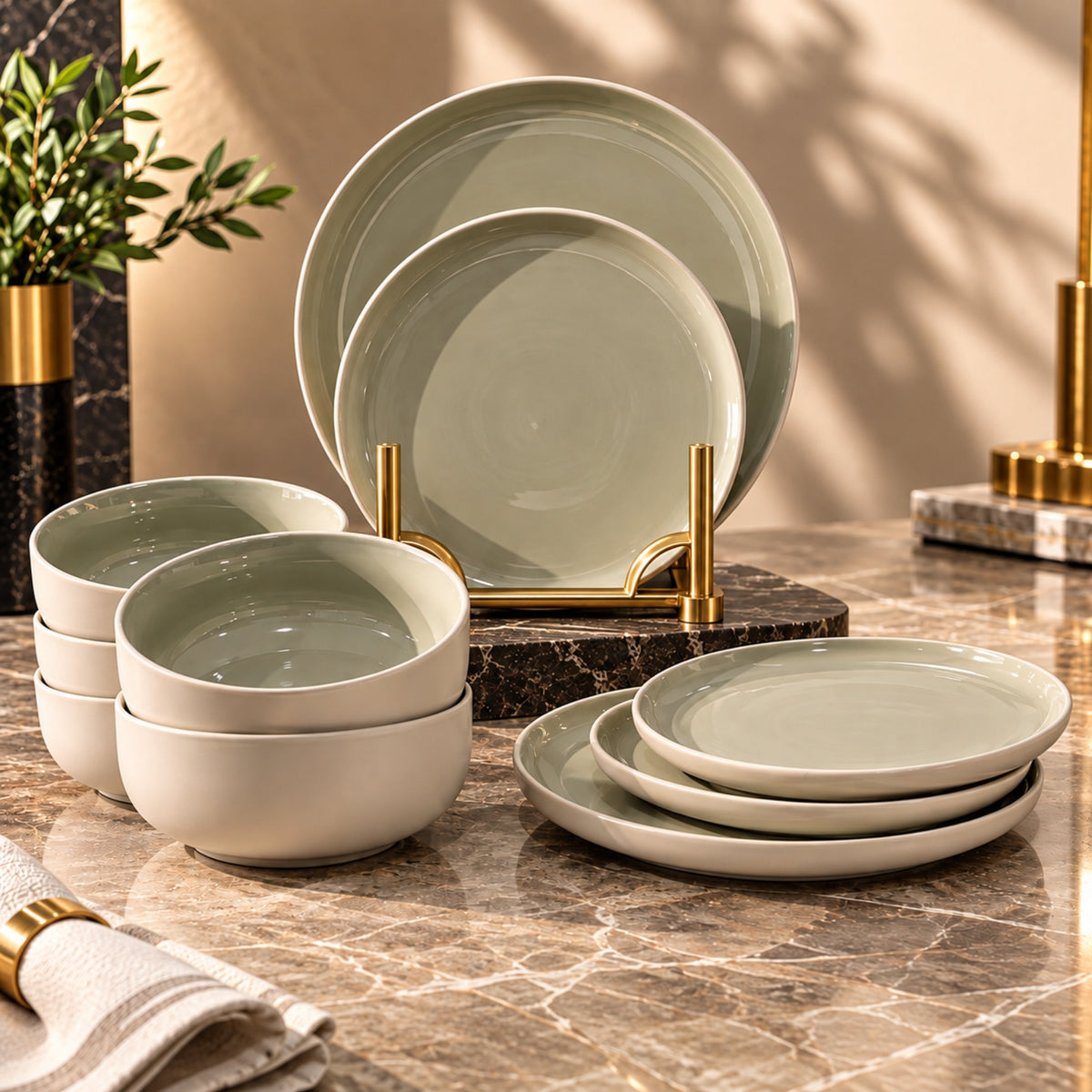 12-Piece Stoneware Dinner Set – 4 Dinner Plates, 4 Side Plates & 4 Bowls