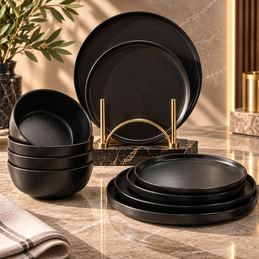 12-Piece Matte Black Stoneware Dinner Set for 4 – Plates & Bowls