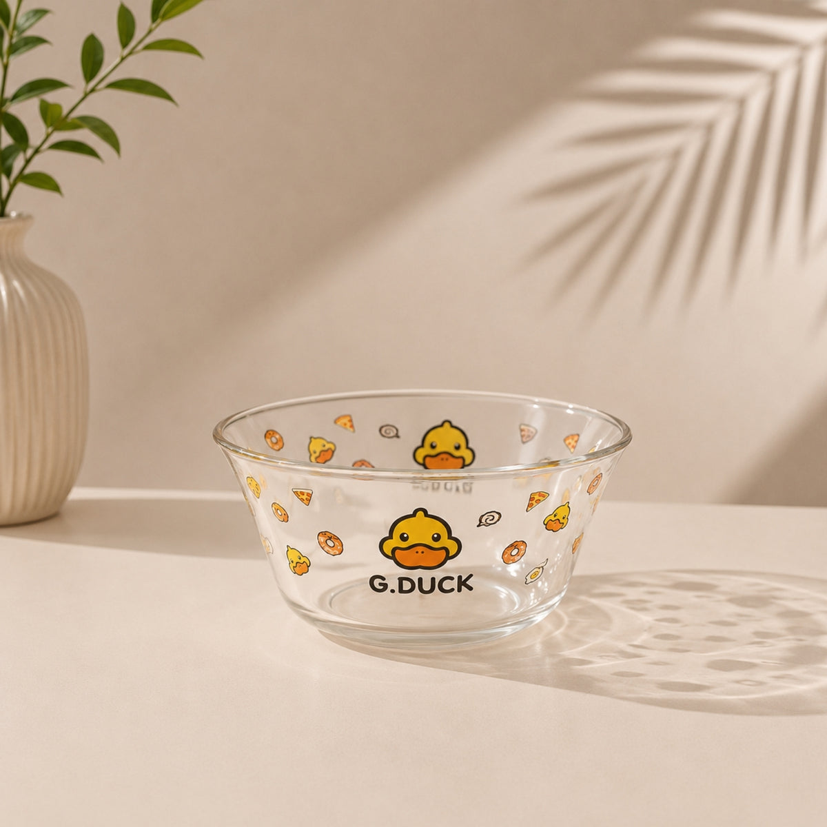 Hello Yellow Duck clear glass salad bowl with cute yellow duck and food print single piece