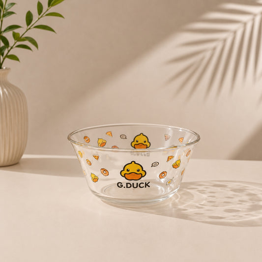 Hello Yellow Duck clear glass salad bowl with cute yellow duck and food print single piece