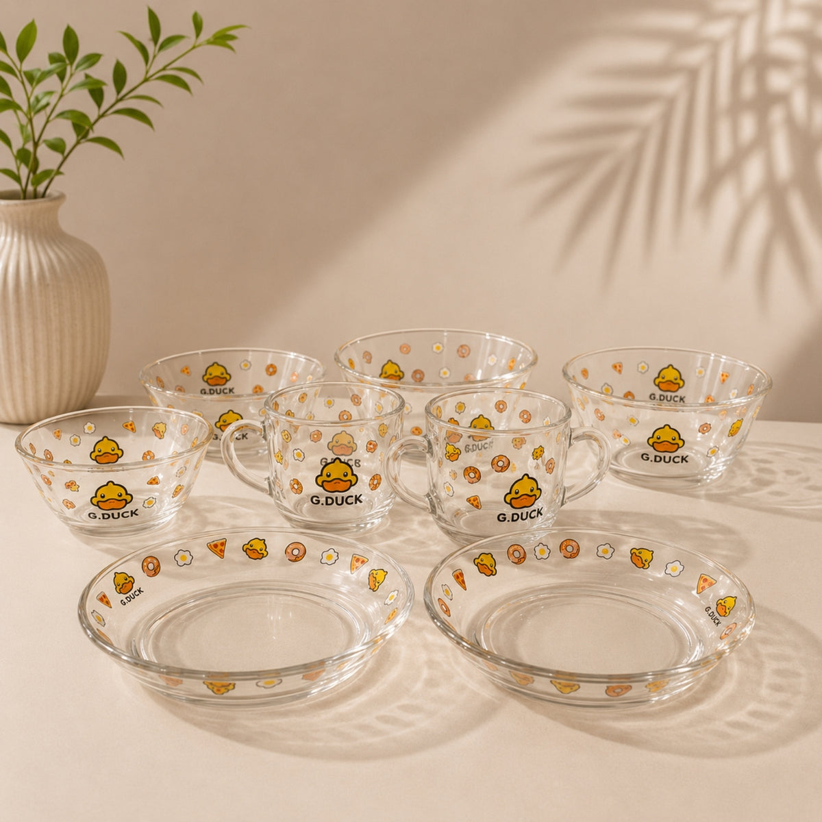 Hello Yellow Duck 6 piece glass tableware set with 2 plates 2 bowls and 2 handled cups