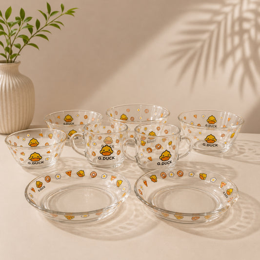 Hello Yellow Duck 6 piece glass tableware set with 2 plates 2 bowls and 2 handled cups