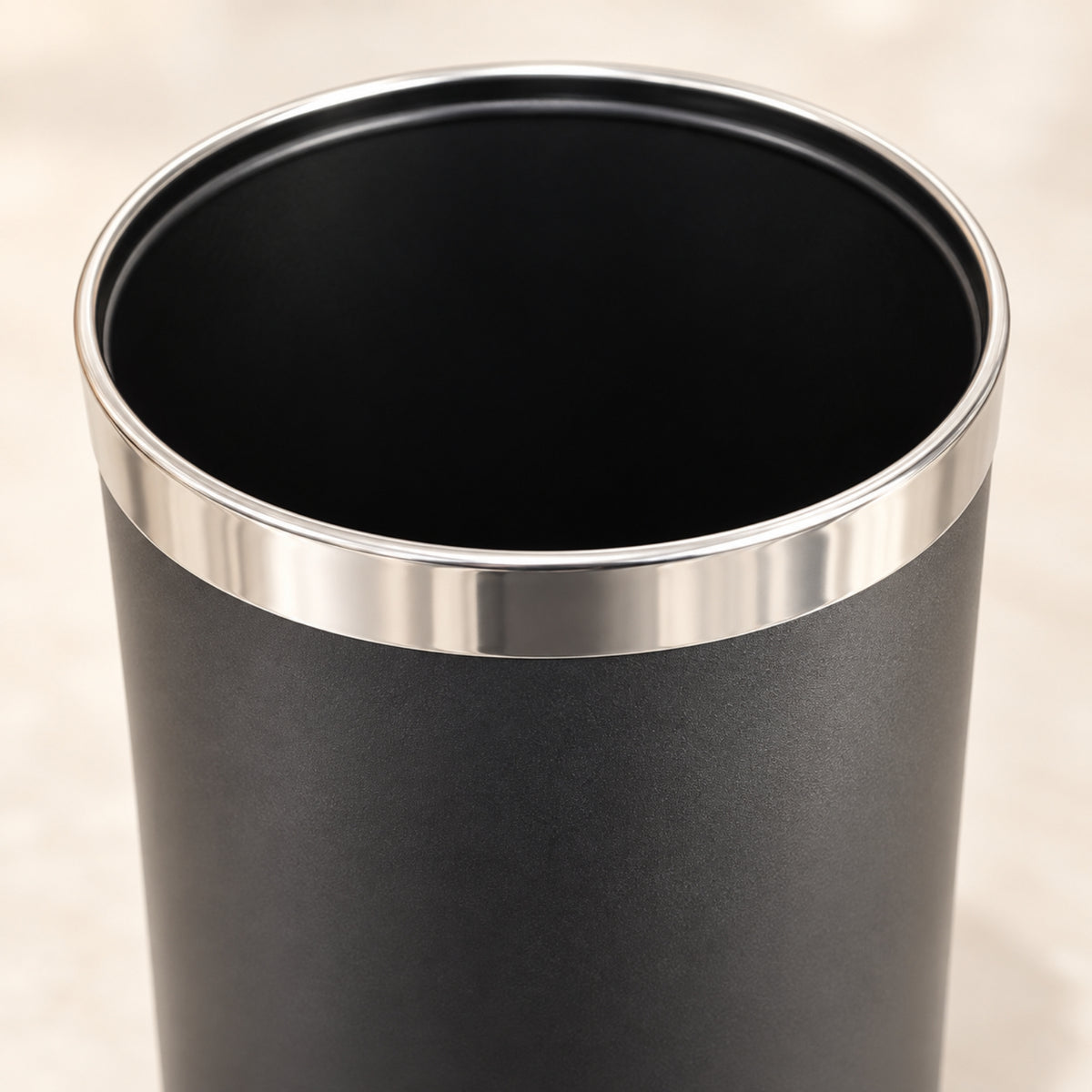 Modern Black Waste Bin with Polished Silver Rim – Open Top Design