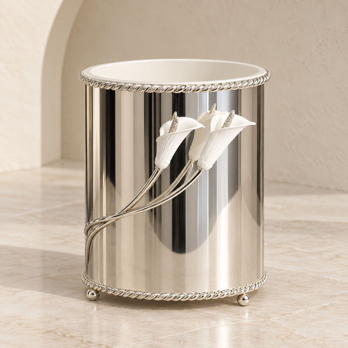 Calla Lily Decorative Waste Bin – Silver Finish with White Floral Detail