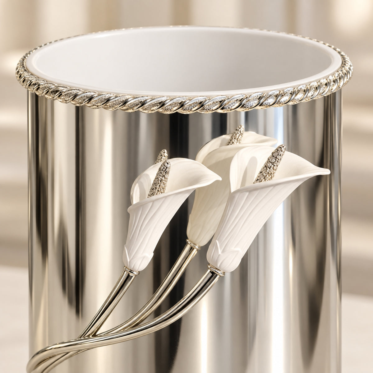 Calla Lily Decorative Waste Bin – Silver Finish with White Floral Detail