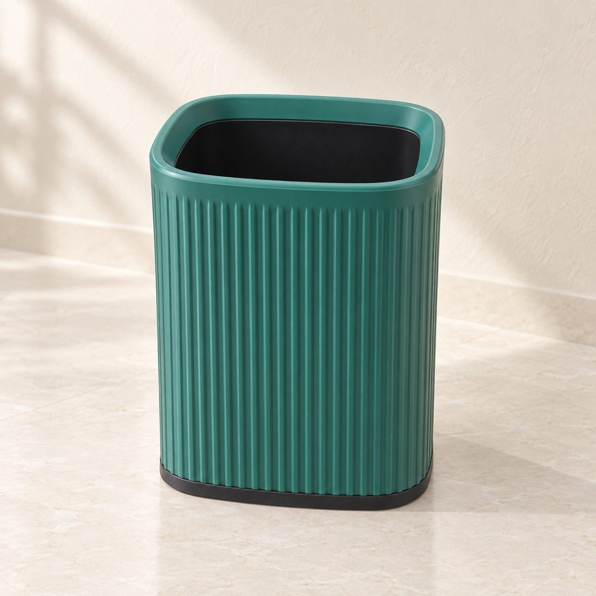 15L Green Square Waste Bin – Ribbed Open-Top Design