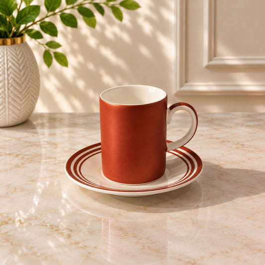 100ml red and white espresso cup with matching striped saucer for coffee serving