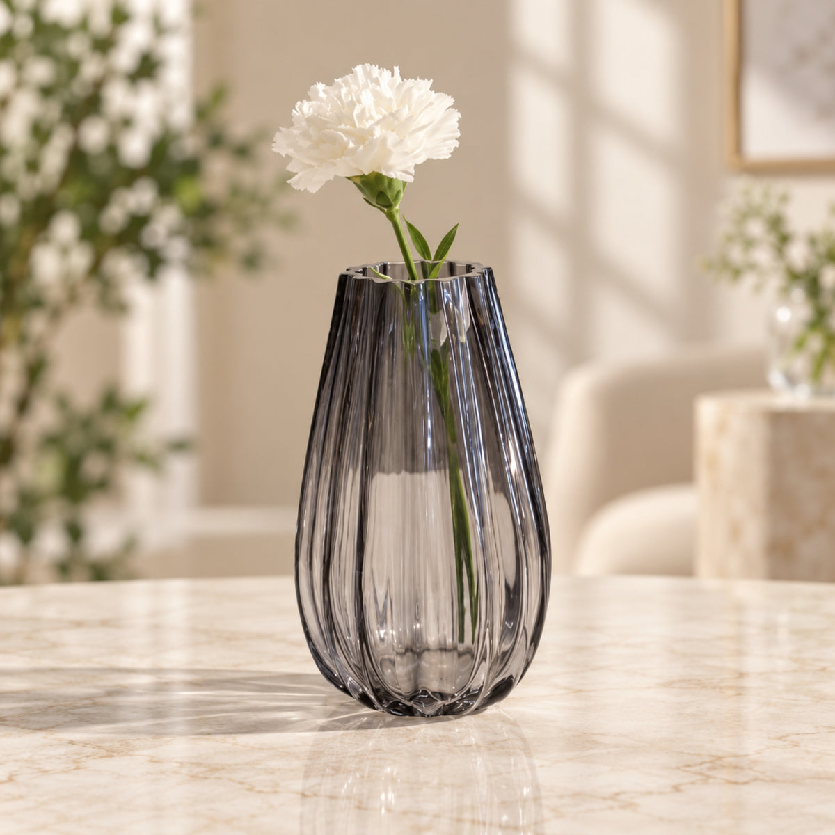 Handmade Smoky Crystal Glass Vase by Denizli Cam – Ribbed Decorative Flower Vase
