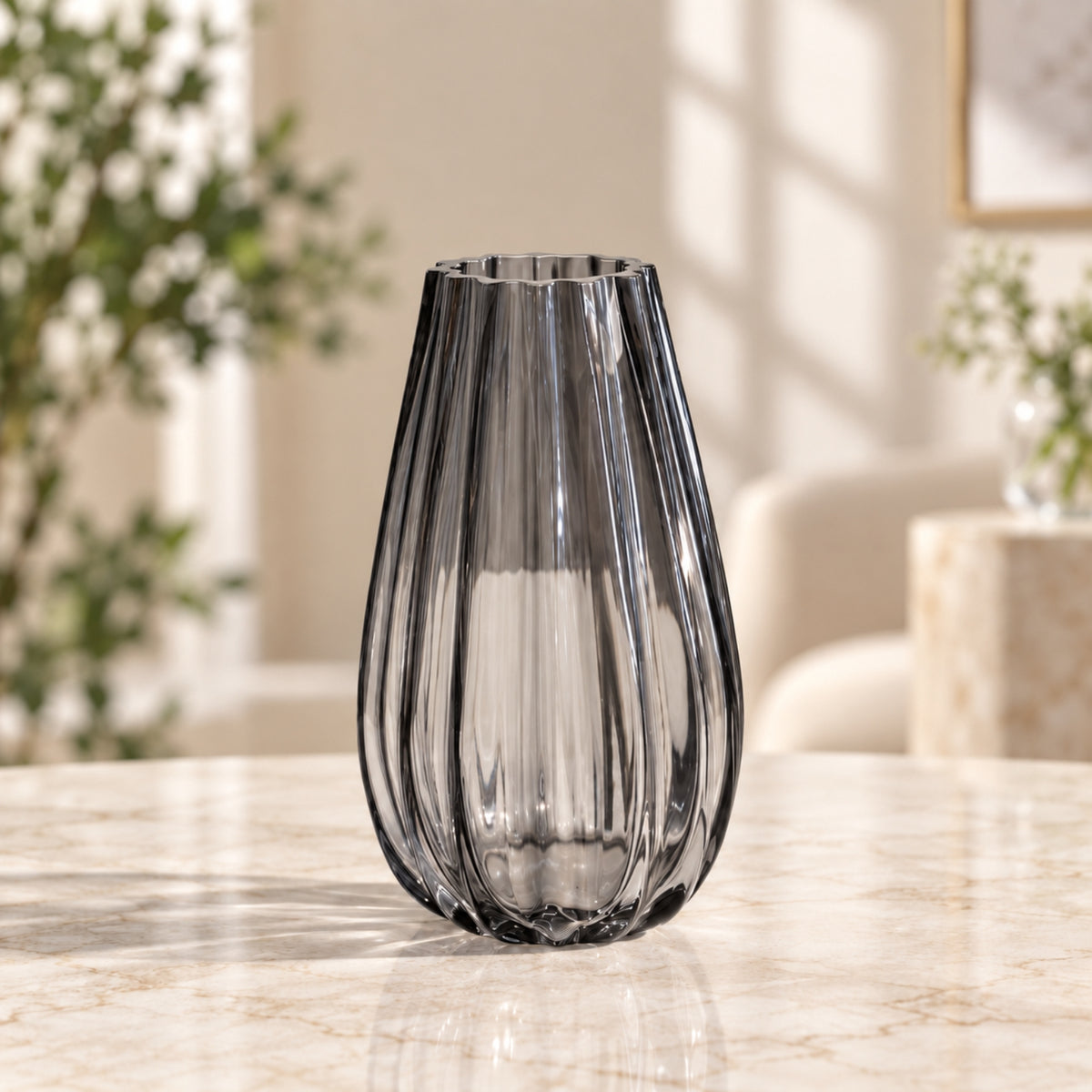 Handmade Smoky Crystal Glass Vase by Denizli Cam – Ribbed Decorative Flower Vase