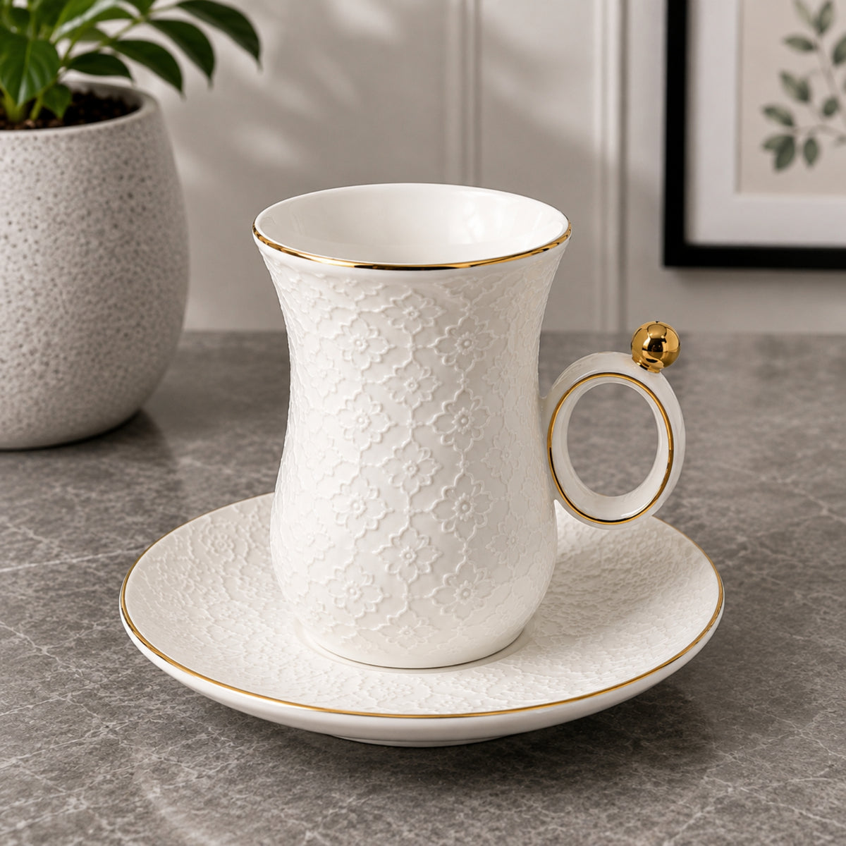 White & Gold Istikan Flower Tea Cup & Saucer Set – 12 Pieces