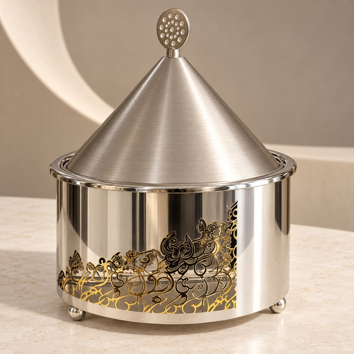 3L Stainless Steel Food Server with Conical Lid – Silver & Gold Design