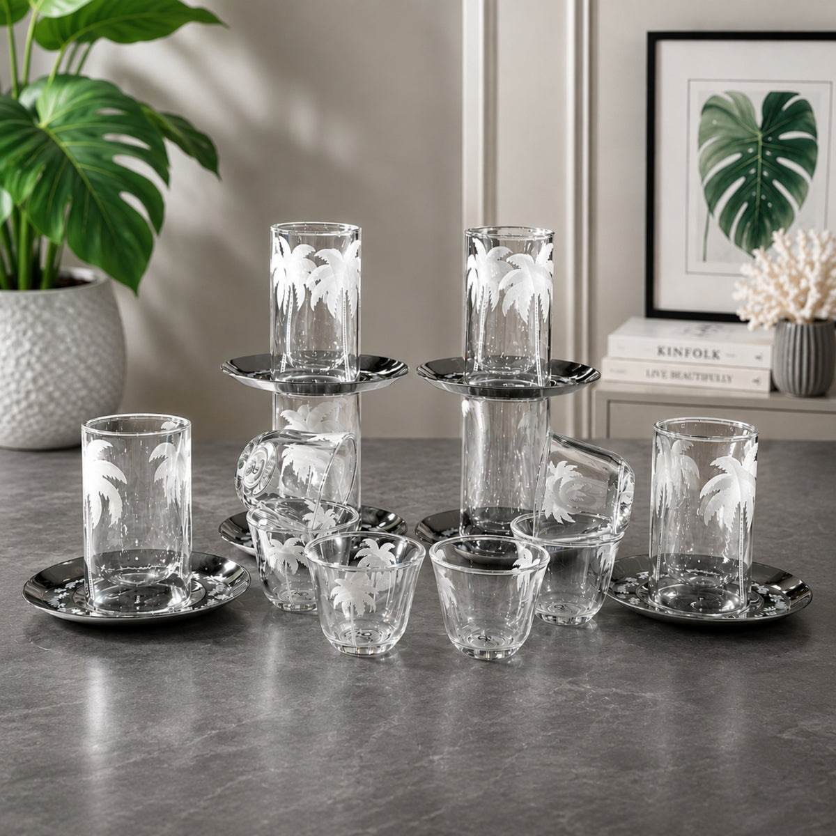 White Palm Leaf Glass Tea & Cawa Cup Set 18 Pieces | GT1125