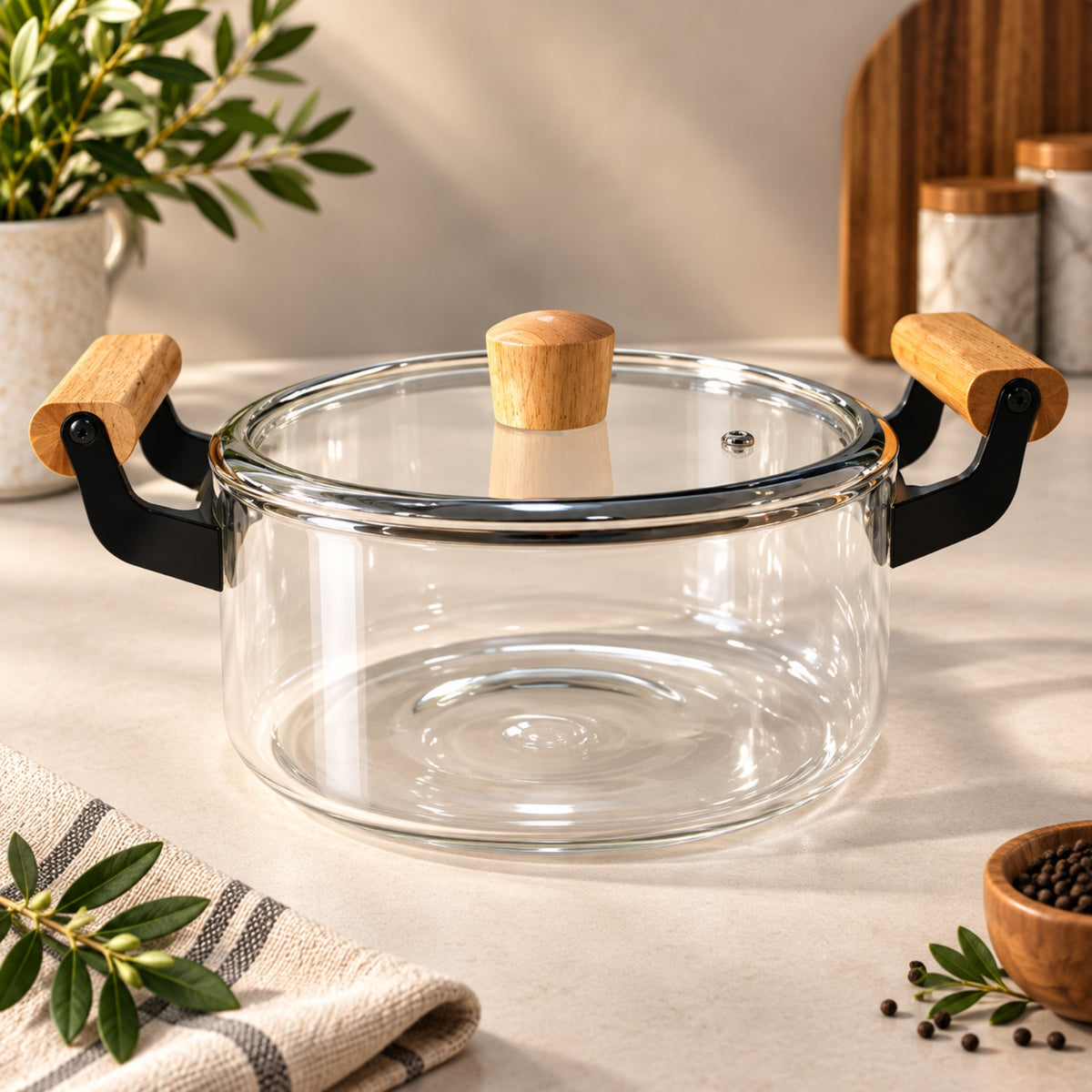 2820ml Clear Glass Cooking Pot with Lid & Wooden Handles