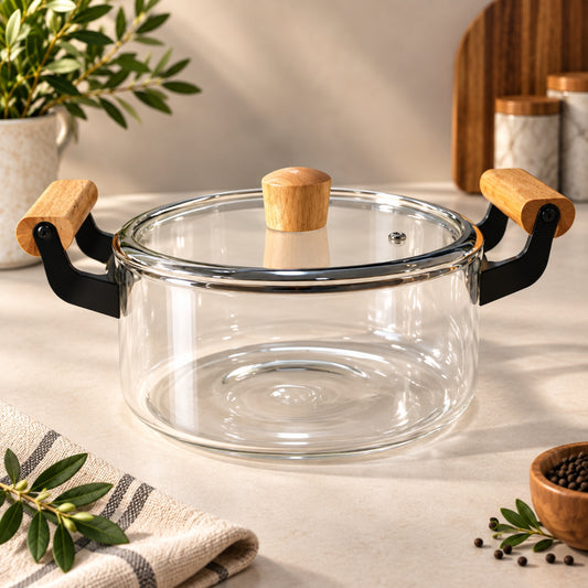 2820ml Clear Glass Cooking Pot with Lid & Wooden Handles
