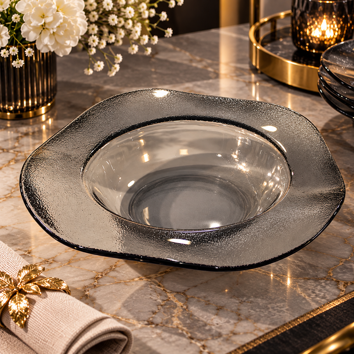 Smoky Grey Round Glass Serving Bowl 30cm – Textured Wide Rim Design