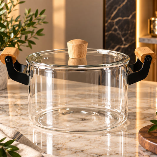 3420ml Clear Glass Cooking Pot with Lid & Wooden Handles