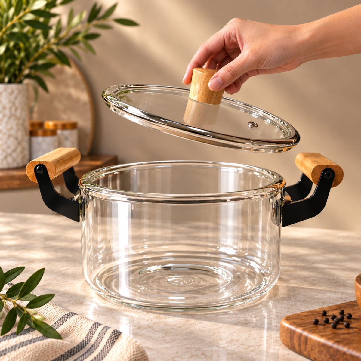 3420ml Clear Glass Cooking Pot with Lid & Wooden Handles
