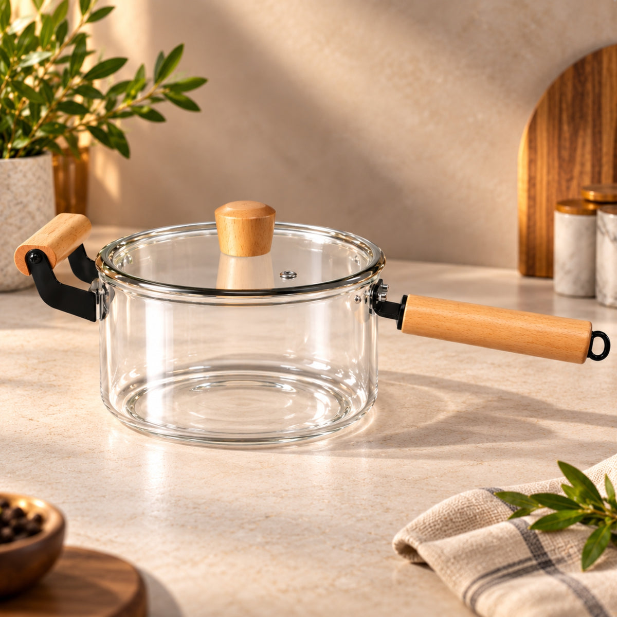 2760ml Clear Glass Saucepan with Lid & Wooden Handle