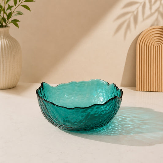 Emerald green textured glass serving bowl with decorative wavy rim single piece
