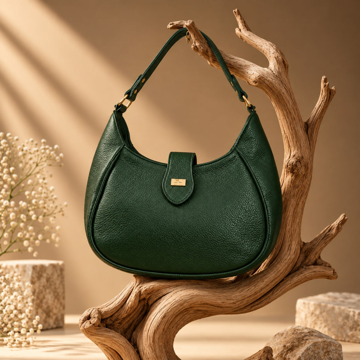 Elegant Dark Green Leather Shoulder Bag – Ladies Handbag with Gold-Tone Detail