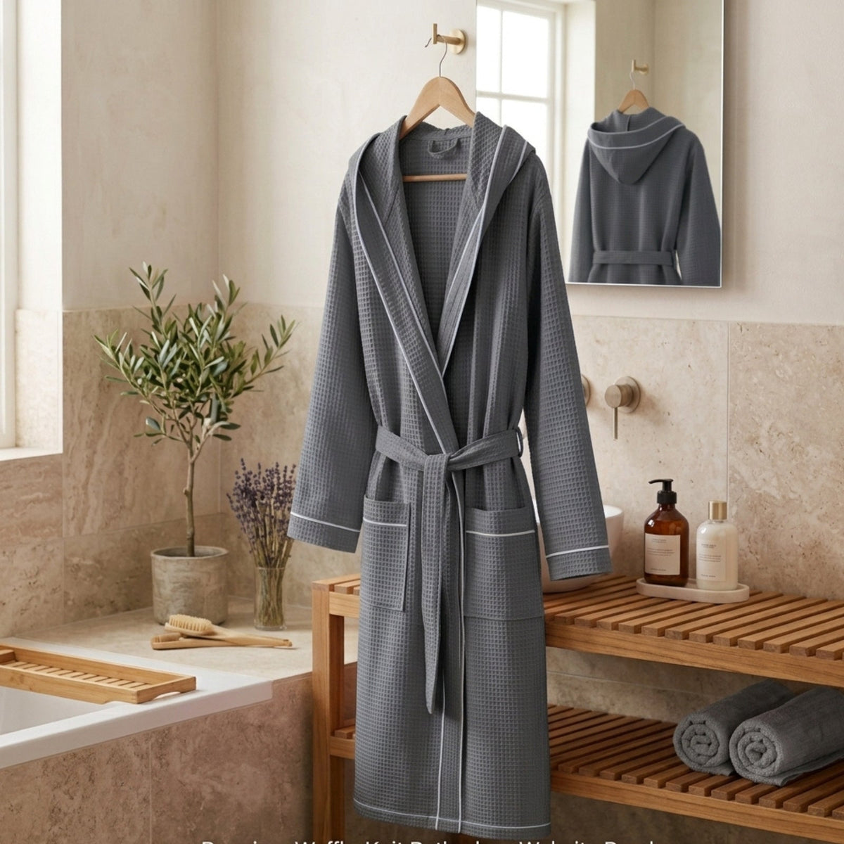 Waffle Hooded Bathrobe with Piping – Luxury Soft Bathrobe Collection