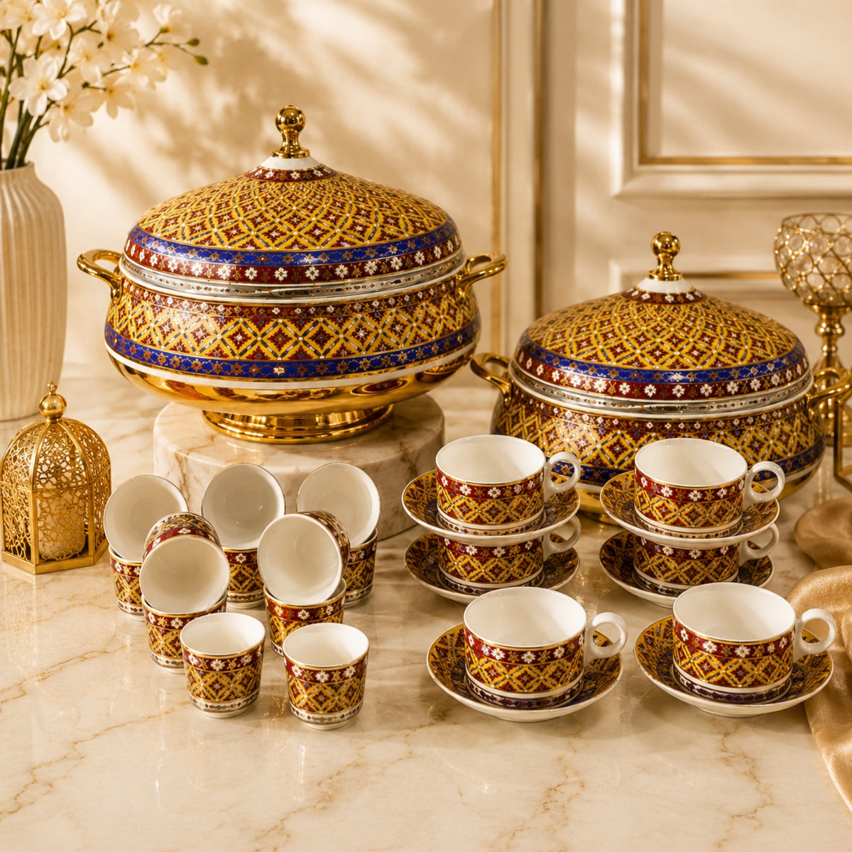 Premium gold blue and burgundy 24 piece hot pot tea cup and cawa cup serving set with 3.5L and 4.5L hot pots