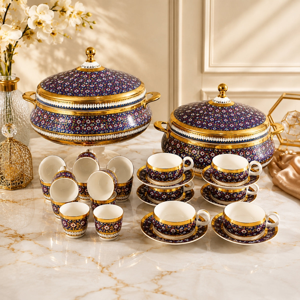 24 piece navy blue and gold hot pot tea cup and cawa cup set with 3.5L and 4.5L hot pots