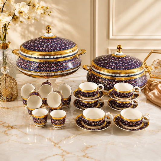 24 piece navy blue and gold hot pot tea cup and cawa cup set with 3.5L and 4.5L hot pots