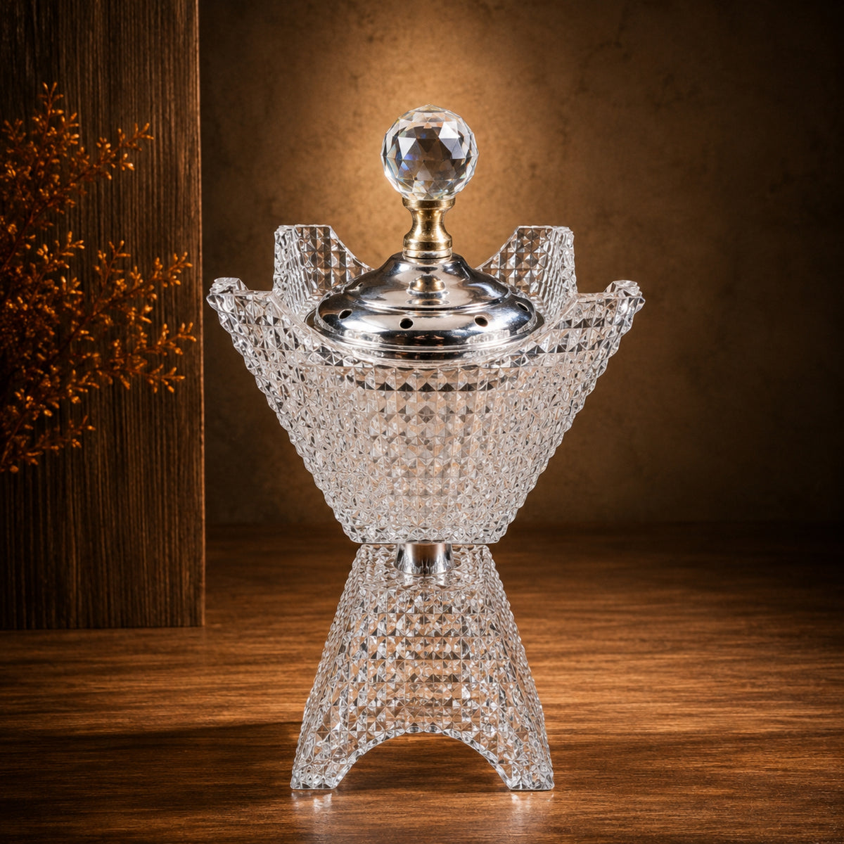 Clear Crystal-Style Incense Burner 10 × 24 cm with Silver Finish – DB5004-1-S
