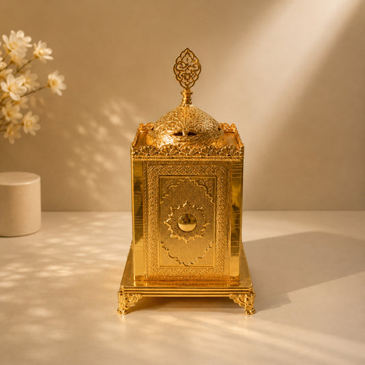 5-Inch Gold Square Incense Burner with Decorative Lid